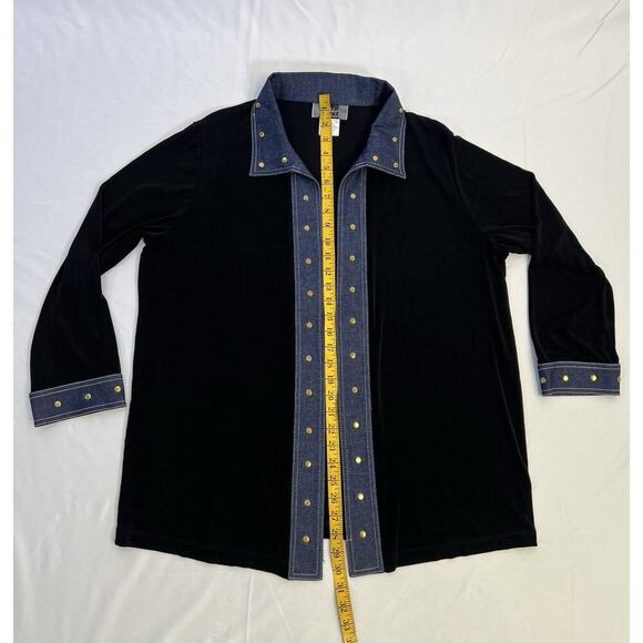 VTG SLINKY BRAND Open Cardigan Top Womens XL Made in USA Long Sleeve Black/Denim - Picture 10 of 11